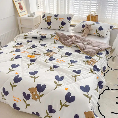 White double gauze rabbit print quilt set with navy tulips brown teddy bears and lucky day embroidery for bedroom comforter