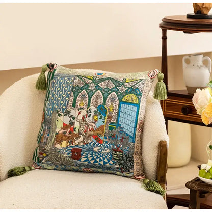 Embroidered elephant jungle paradise throw pillow with intricate tapestry embroidery and green tassels for living room decorbites decor