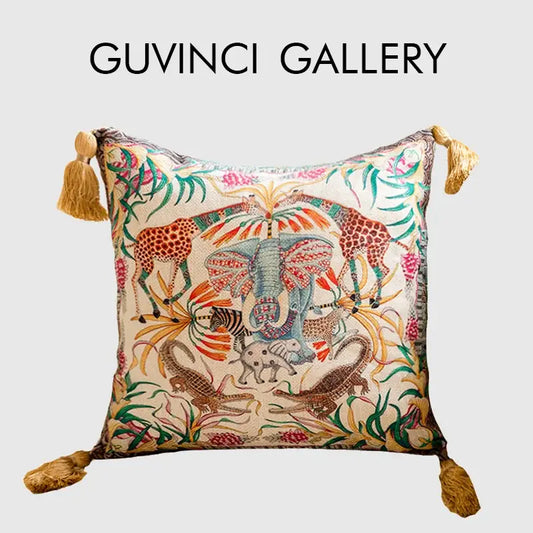 Embroidery elephant jungle paradise throw pillow with colorful animals on off-white fabric and golden tassel accents decorbites elephant jungle