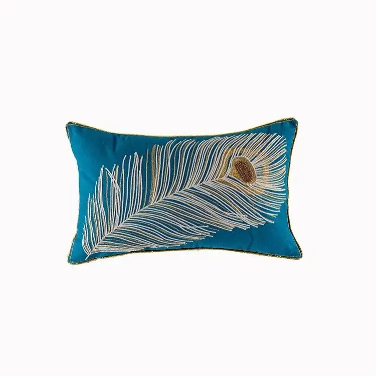 Teal rectangular cushion cover featuring an intricately embroidered flower boho long peacock feather in white and gold thread