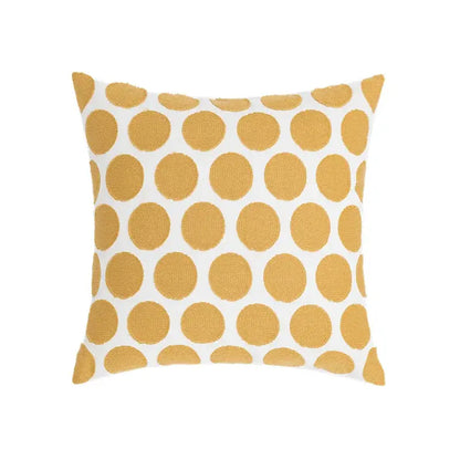 Embroidered green and gold fish pillow cover with daisy yellow floral geometric mustard-yellow patterns on white background