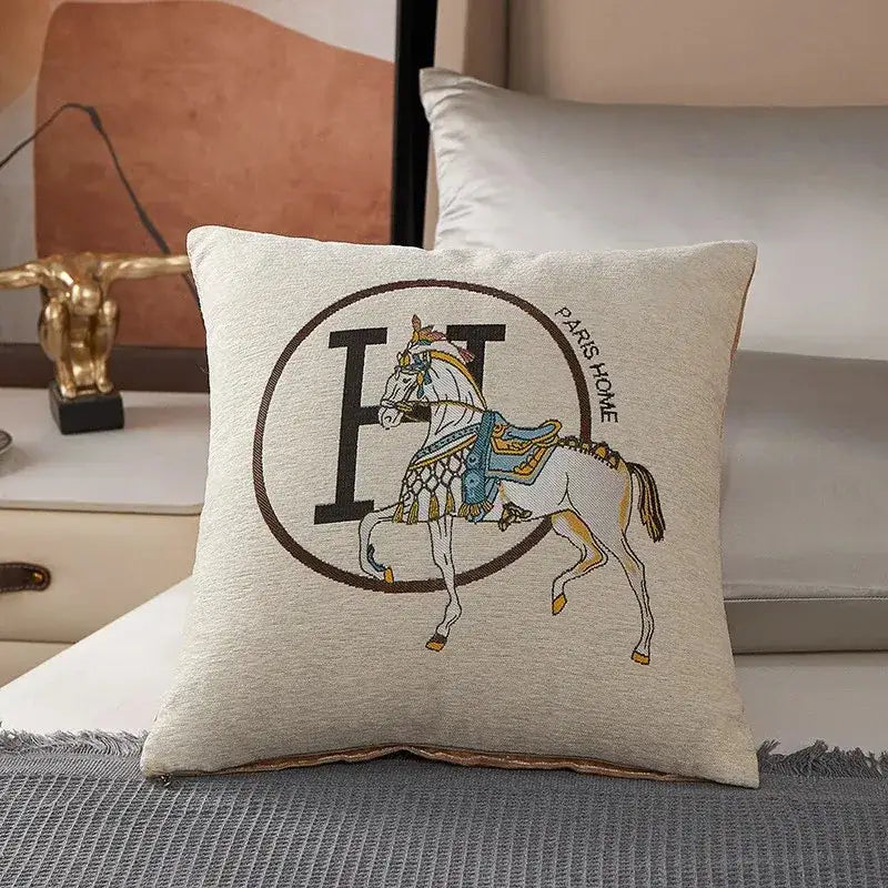 Beige cotton throw pillow cover with embroidered horse and black paris home logo for decorbites cotton home decor