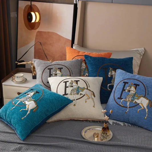 Set of embroidered horse cotton throw pillow covers in blue gray and beige tones for decorbites cotton home decor
