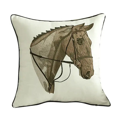 Cream-colored embroidered horse pillowcase featuring an intricately detailed horse head with bridle for living room decor