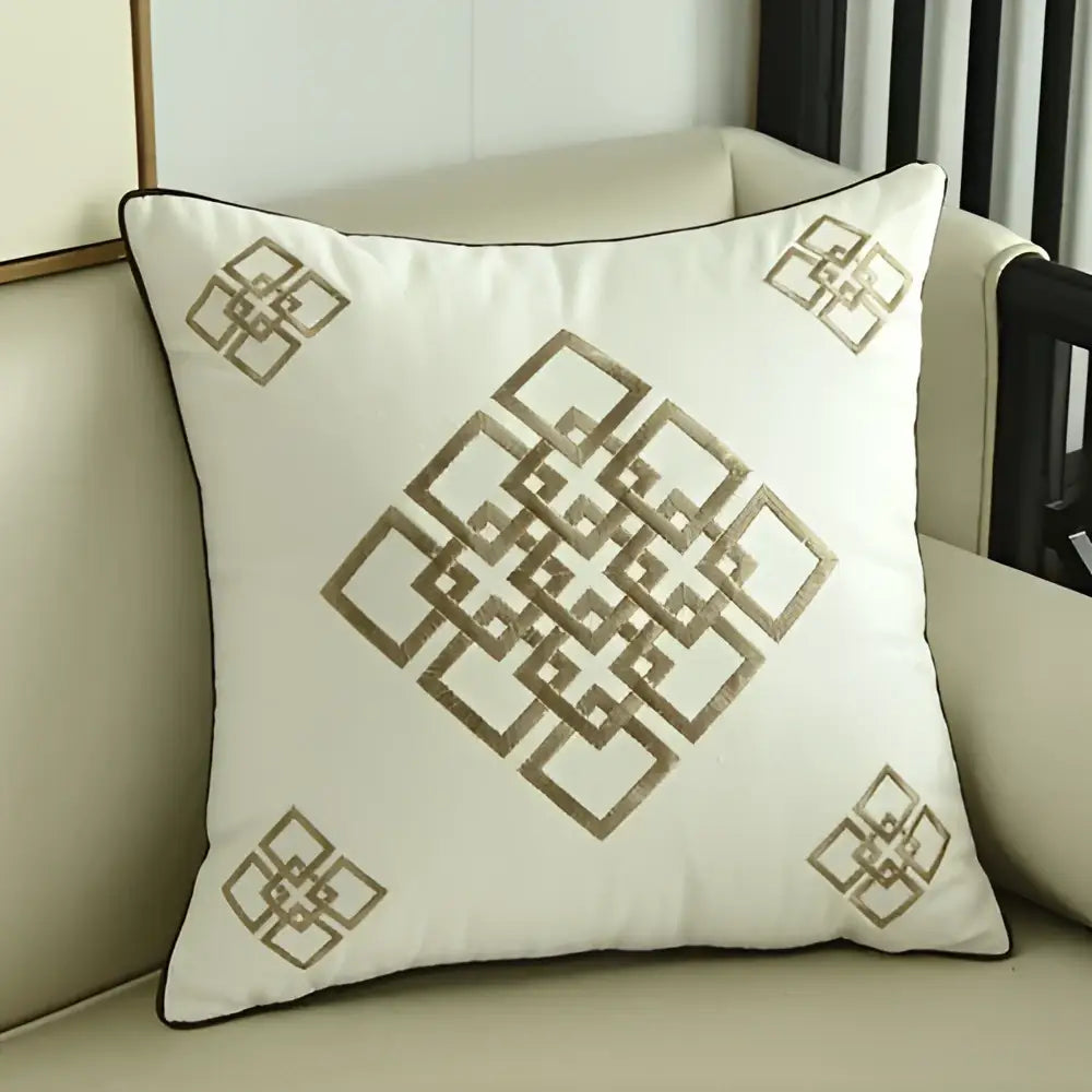 White square embroidered horse pillowcase with gold geometric embroidery and black piping for living room decor