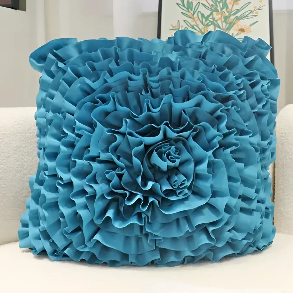 Teal ruffled fabric blue hyacinth square pillowcase with layered flower design for decorbites blue hyacinth bedroom decor