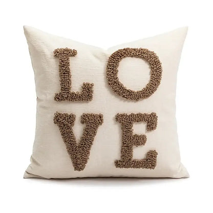Cream-colored pillow cover with love embroidered in brown yarn for decorbites cartoon christmas pillow decor