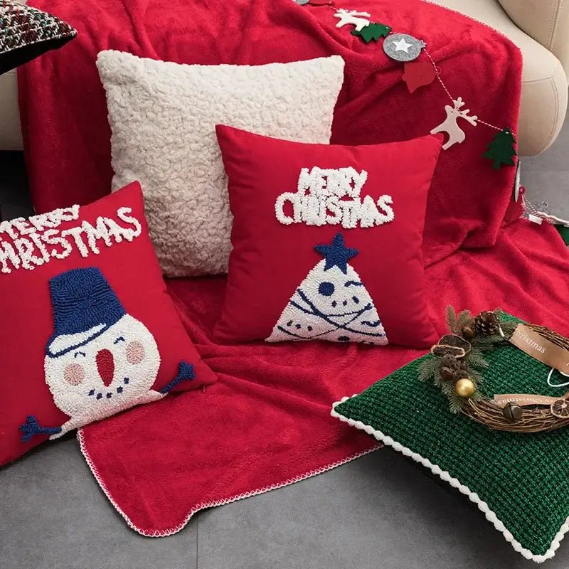Embroidered red snowman cartoon christmas pillow cover with merry christmas text for living room pillow covers decorbites cartoon christmas