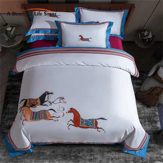 Embroidered white bedding set featuring vibrant galloping horses with blue trim for decorbites galloping horse decor