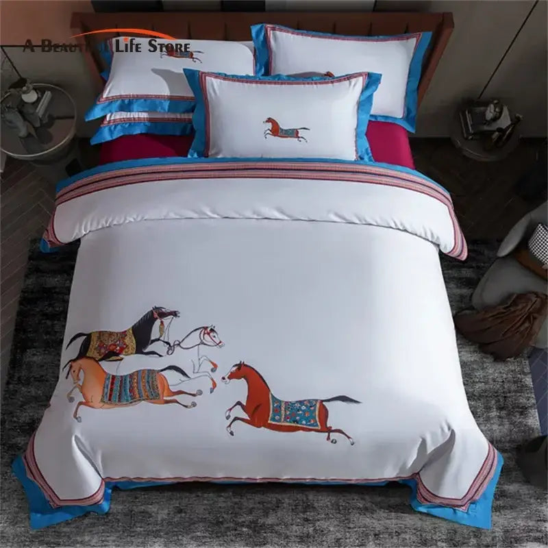 Embroidered white bedding set featuring vibrant galloping horses with blue trim for decorbites galloping horse decor