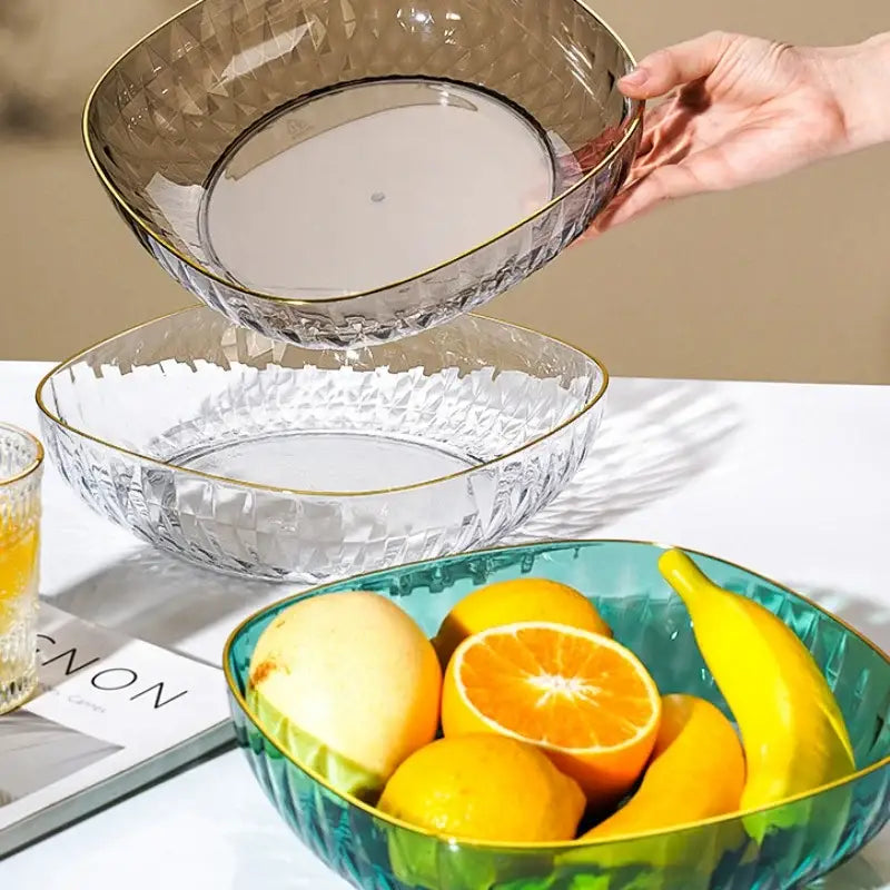 Emerald green decorbites crystal fruit plate with gold rim and textured diamond-cut pattern for elegant dining room decor