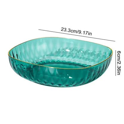 Teal glass crystal fruit plate with gold rim and diamond-cut texture for elegant decorbites crystal fruit display