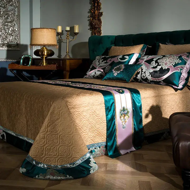 Luxurious emerald green damask bedding set with teal and gold quilted 200s embroidery egyptian cotton design