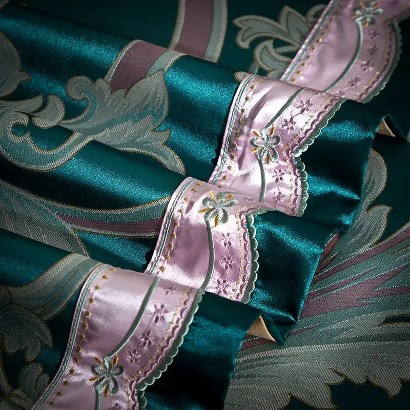 Emerald green damask 200s embroidery egyptian cotton bedding set with teal satin fabric silver floral embroidery and pink lace edges
