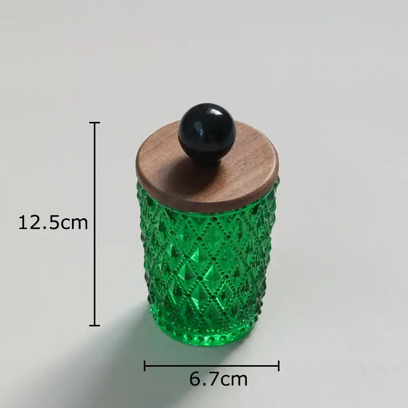 Emerald green diamond glass storage jar with walnut lid and decorbites ceramic ball knob for kitchen decor