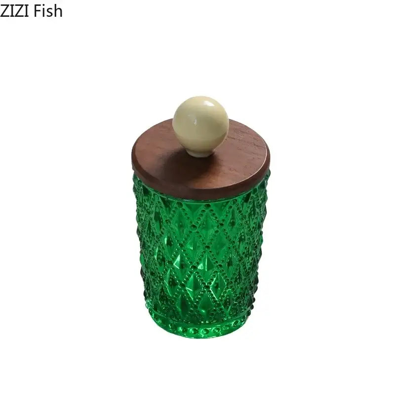 Emerald green textured glass storage jar with walnut lid and decorbites ceramic ball knob for kitchen decor