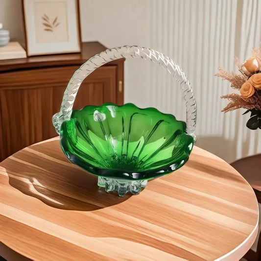 Emerald green glass fruit basket with scalloped edges and decorbites crystal handle for living room tray use