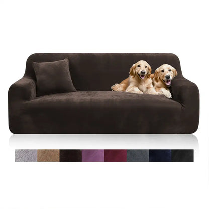 Brown plush sofa cover with soft stretchy fabric fitting snugly over couch for living room slipcover use