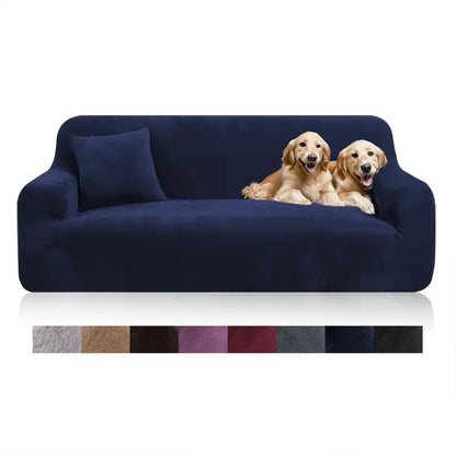Navy blue stretchy velvet sofa cover with two golden retrievers lounging on it for living room use