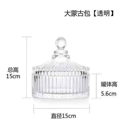 Clear glass storage jar with vertical ridges and rounded knob matching decorbites green striped bedroom jewelry jar