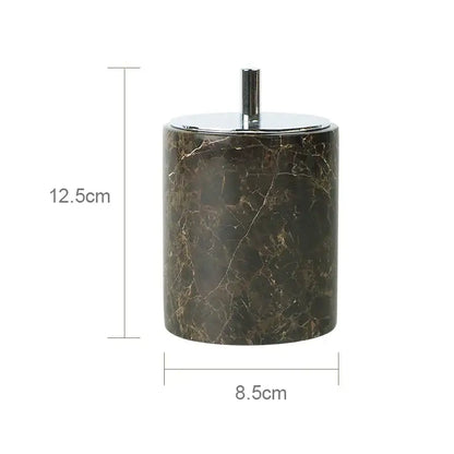 Emperador dark marble cylindrical ashtray with dark brown pattern and polished chrome lid for dark marble bathroom use