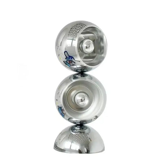 Shiny chrome-finished engraved yoyo with reflective surface featured in decorbites dimmable led nordic table lamp