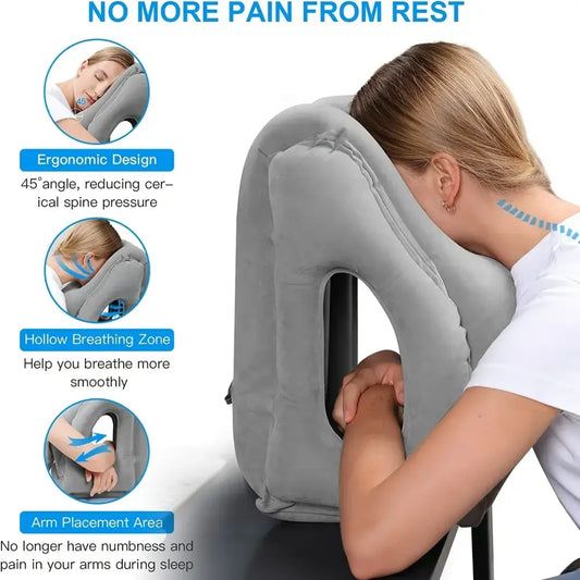 Ergonomic gray decorbites inflatable travel pillow with 45-degree angle neck support for spinal comfort
