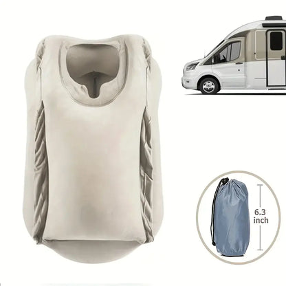 Beige inflatable travel pillow car seat cover with quilted side panels and built-in headrest opening by decorbites