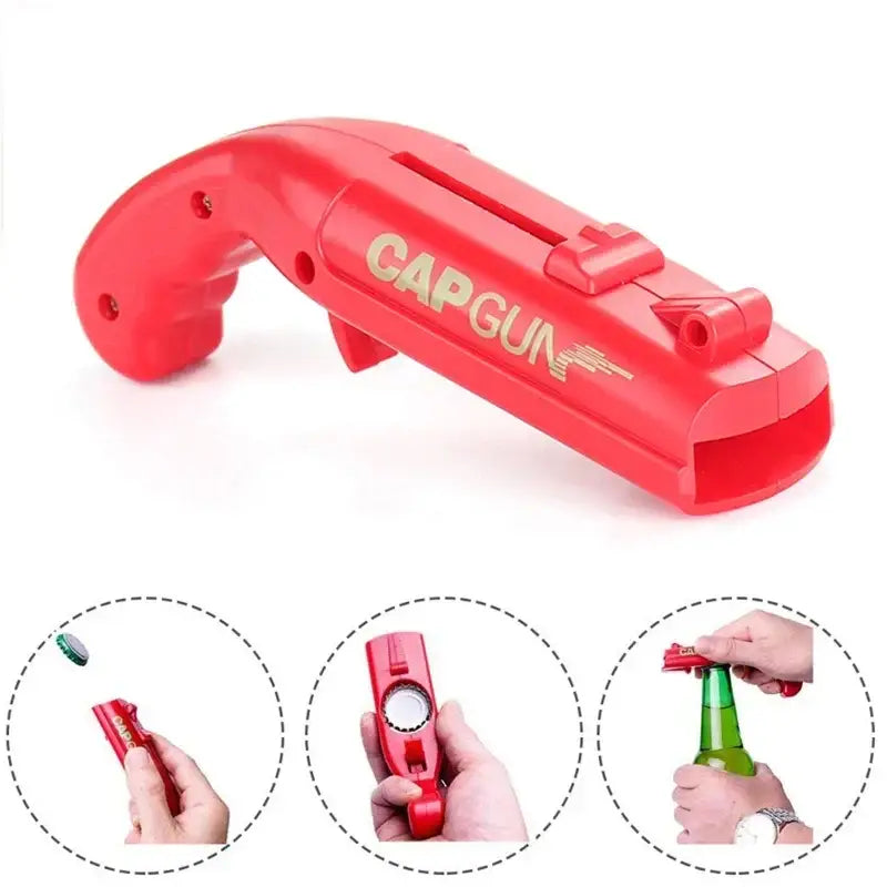 Ergonomic red plastic bottle opener gun with gold lettering cap gun designed for kitchen bar fun use
