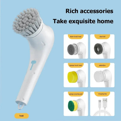 Ergonomic white electric cleaning brush with dense gray nylon bristles and sleek handle for kitchen and bathroom use