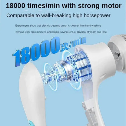 Ergonomic white electric cleaning brush with strong motor and 18,000 rpm for kitchen and bathroom cleaning