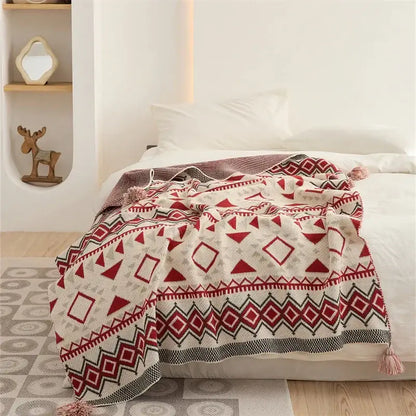 Red white and black geometric-patterned knit ethnic bohemian blanket with tassels for living room decorbites ethnic decor