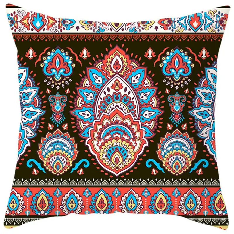 Vibrant paisley-patterned pillow cover with bold red blue and gold accents on dark brown for decorbites ethnic bohemian geometric decor