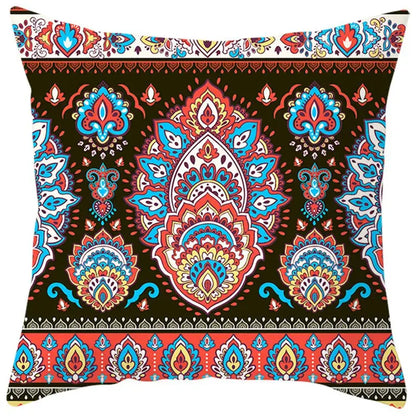 Vibrant paisley-patterned pillow cover with bold red blue and gold accents on dark brown for decorbites ethnic bohemian geometric decor