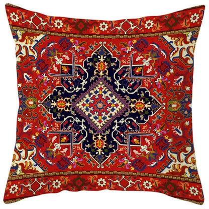 Vibrant red pillow cover with ethnic bohemian geometric persian-style rug pattern in navy blue gold and cream decorbites ethnic bohemian decor
