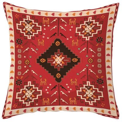 Red ethnic bohemian geometric pillow cover with cream black orange and brown motifs on textured fabric decorbites decor