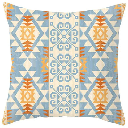 Square throw pillow cover with ethnic bohemian geometric pattern in light blue orange and cream for living room decorbites decor