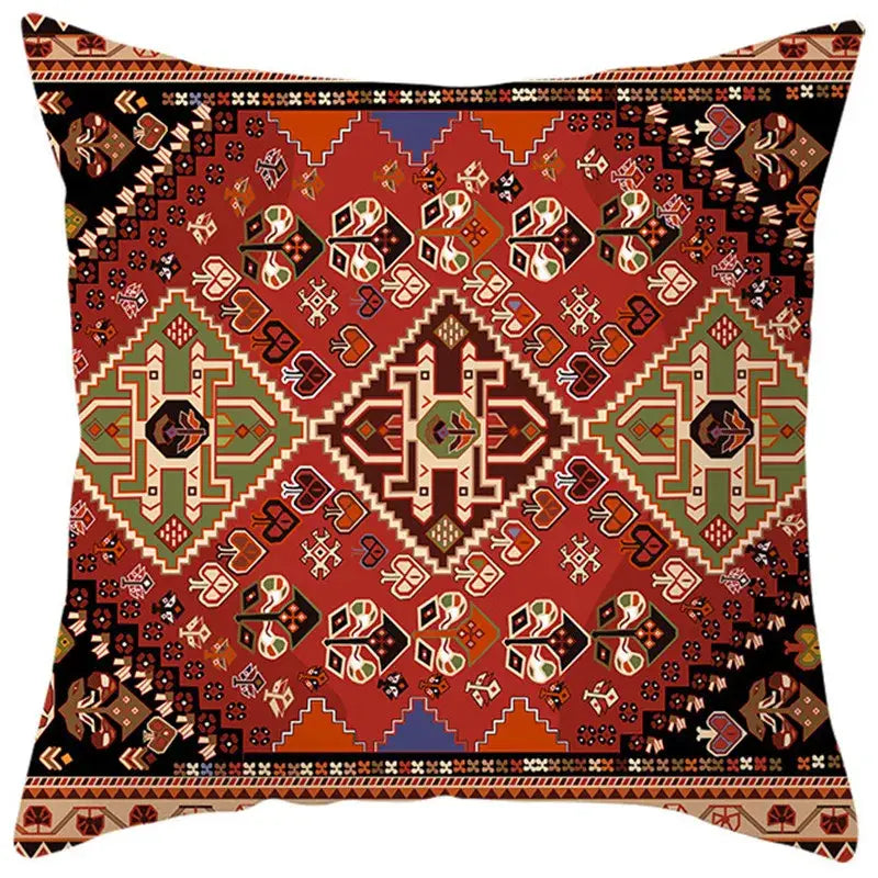 Square pillow cover with vibrant red green black and beige ethnic bohemian geometric tribal decorbites design for living room decor