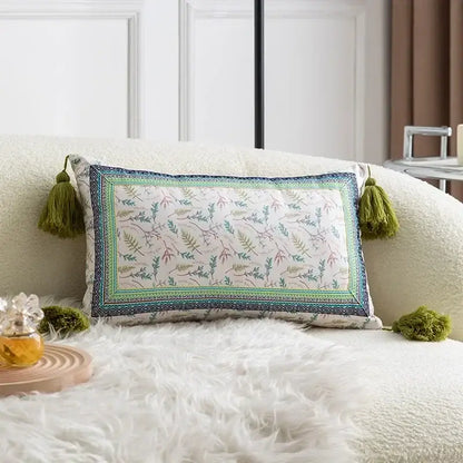 Rectangular pillow cover set with ethnic botanical print in teal navy and olive green tassels for living room decor