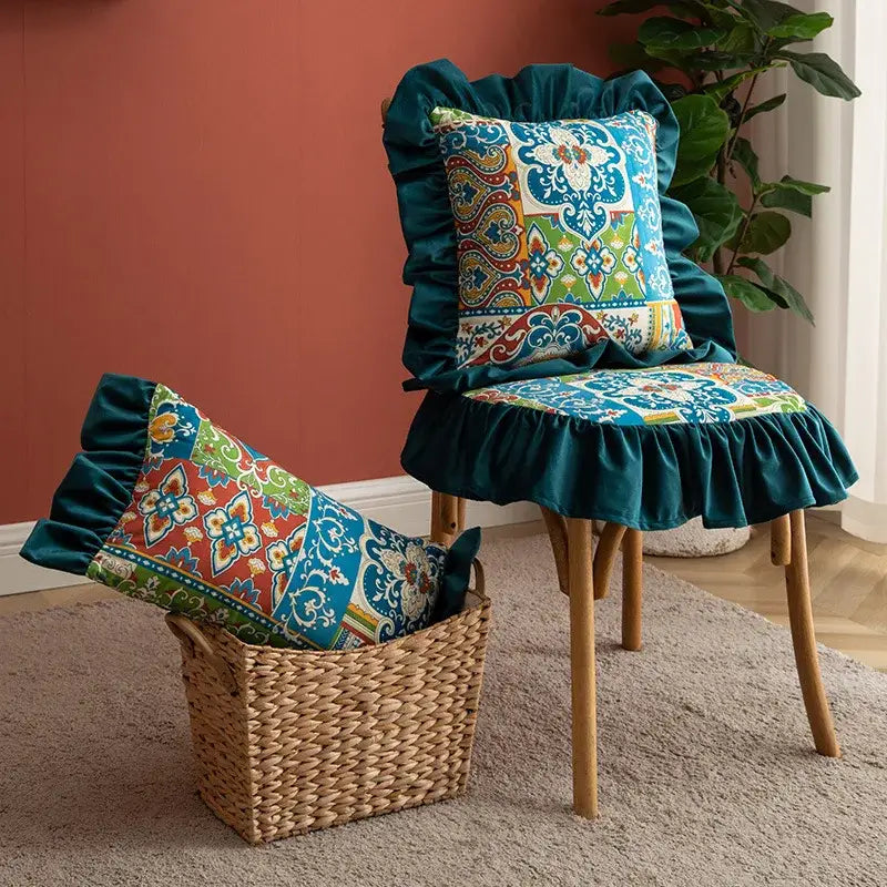 Teal velvet ruffled chair cover with colorful patchwork paisley pattern suitable for ethnic botanical pillow cover set