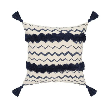 Cream-colored cushion cover with navy blue ethnic geometric printed patterns and tassels for living room decorbites decor