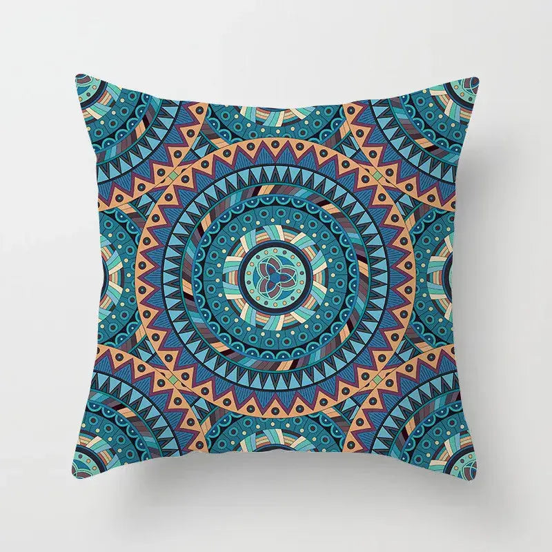 Square throw pillowcase with vibrant teal blue orange and brown mandala design for decorbites geometric square decor