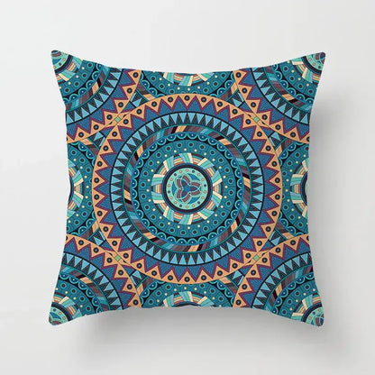 Square throw pillowcase with vibrant teal blue orange and brown mandala design for decorbites geometric square decor