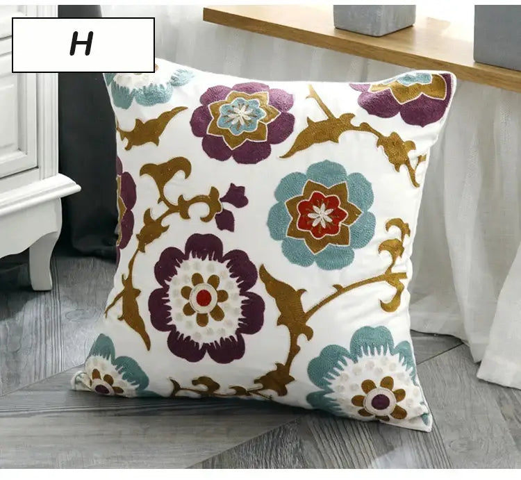 White cushion pillow cover with embroidered purple teal and gold floral patterns for decorbites ethnic style canvas decor