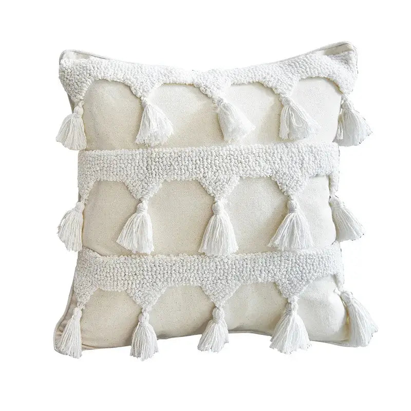 Cream-colored decorbites ethnic tufted cushion case with three white textured tassel bands for living room decor