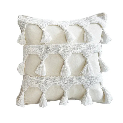 Cream-colored decorbites ethnic tufted cushion case with three white textured tassel bands for living room decor