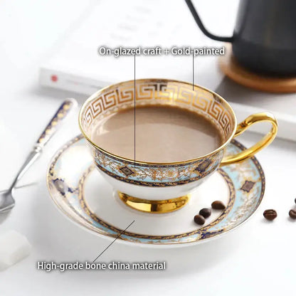Elegant white porcelain bone china teacup with gold greek key and blue accents from decorbites tea set collection