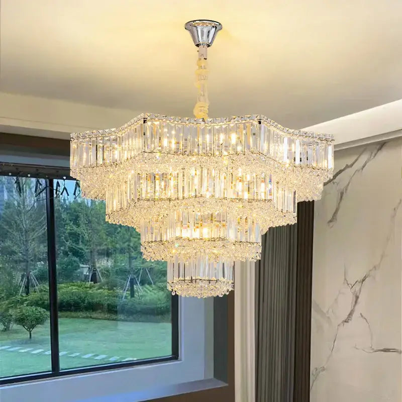 European chrome multi tier light crystal chandelier with cascading rectangular prisms for dining room decorbites light crystal