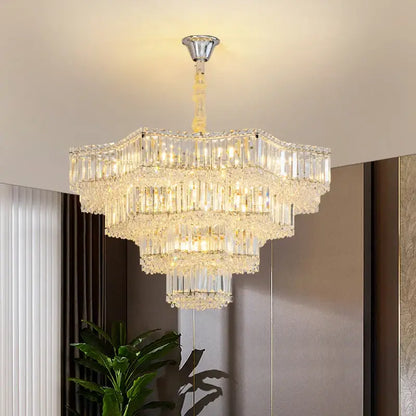 European chrome multi tier light crystal chandelier with cascading rectangular prisms for dining room decorbites light crystal