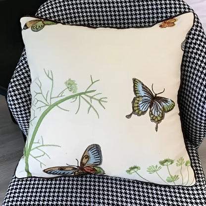 Cream-colored european embroidered cushion cover with butterfly and dragonfly design for living room sofa